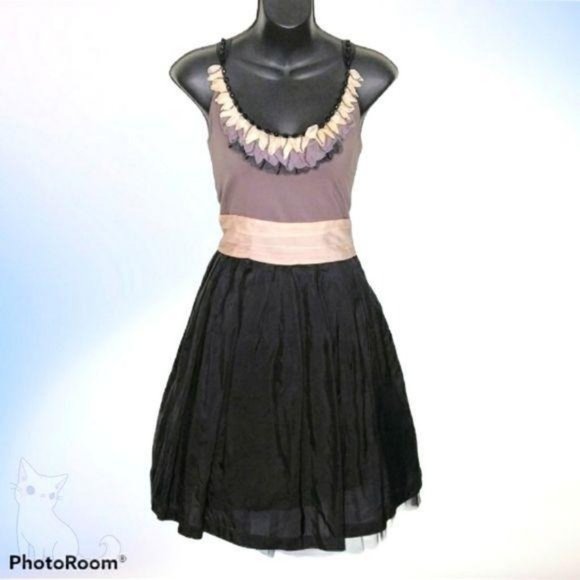 MOSCHINO Colorblock Cocktail Mini Dress Beaded Ruffle Neckline Cummerbund Waist